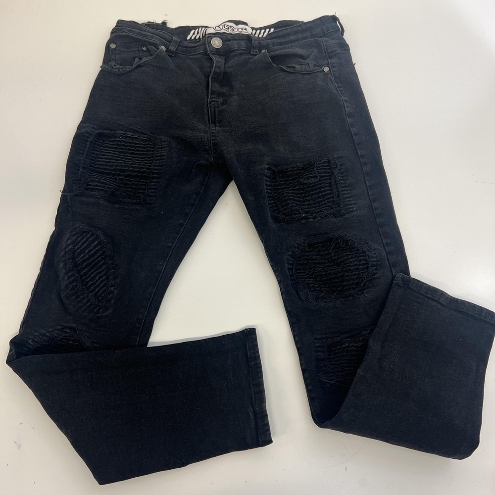 GSTR Jeans Mens 36 Black Distressed Slim Fit Biker Stacked Denim‎ Pants